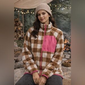 J.Crew Cozy Fleece Jacket Plaid | Size Medium | Soft Zip-Up | Pink Accent